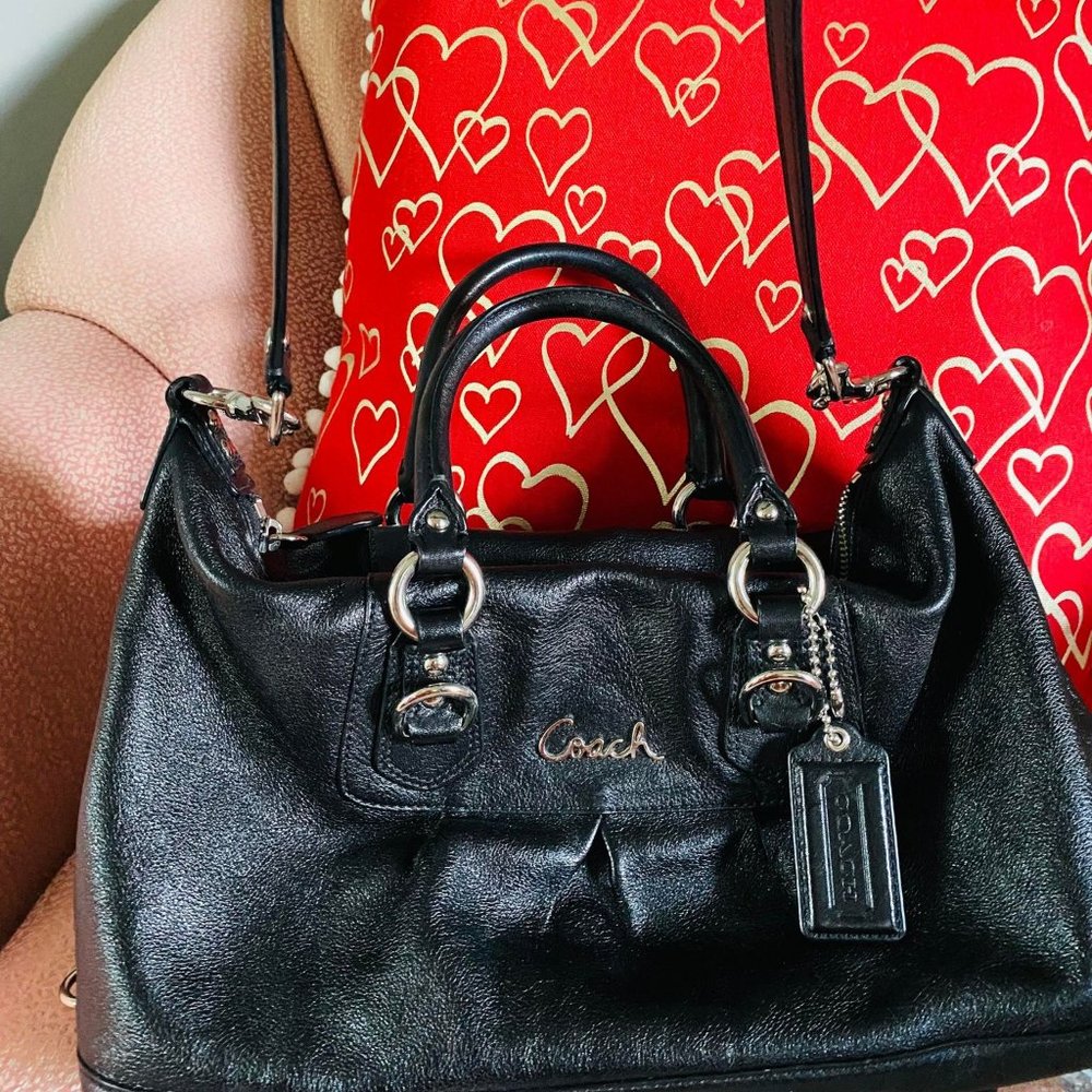 Coach Ashley Leather Satchel Shoulder Bag Purse Black F15513 Crossbody